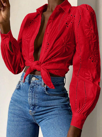 Women's Solid Color Embroidery Hollow Out Long Sleeve Top