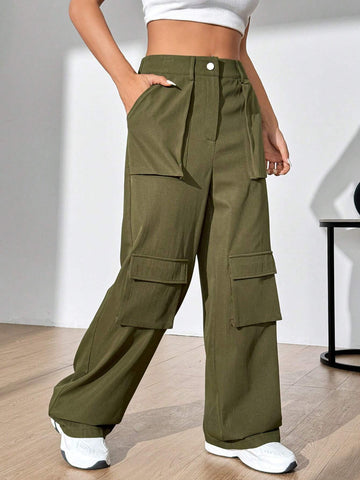 Women's Solid Color Flip Pocket Long Pants.