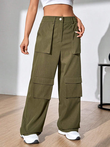 Women's Solid Color Flip Pocket Long Pants.