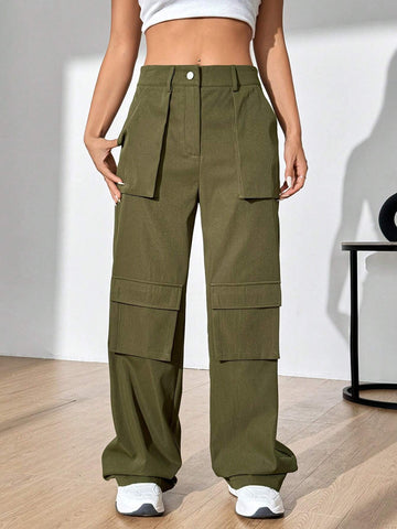 Women's Solid Color Flip Pocket Long Pants.