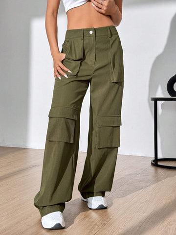 Women's Solid Color Flip Pocket Long Pants.