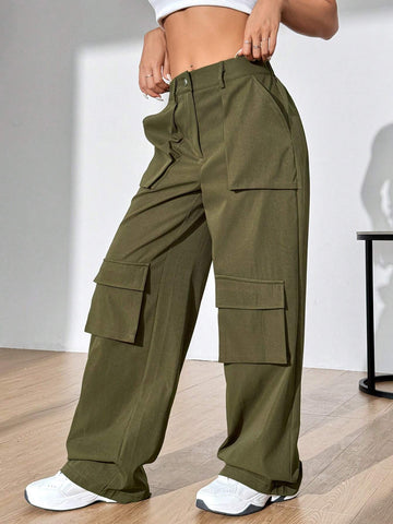 Women's Solid Color Flip Pocket Long Pants.
