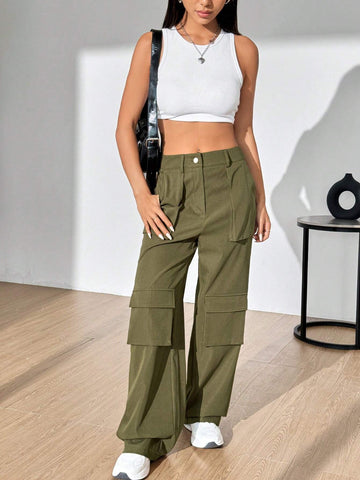 Women's Solid Color Flip Pocket Long Pants.