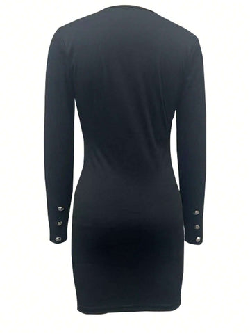 Women's Solid Color Front-Button Long Sleeve Casual Dress