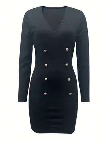 Women's Solid Color Front-Button Long Sleeve Casual Dress