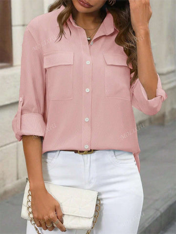 Women's Solid Color Front Button Casual Long Sleeve Shirt