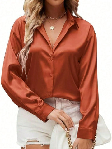 Women's Solid Color Front Button Elegant Office Wear Long Sleeve Blouse