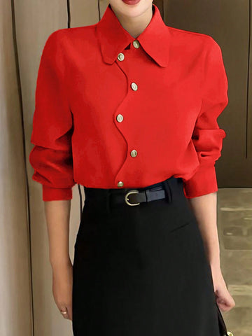 Women's Solid Color Front Button Long Sleeve Casual Blouse