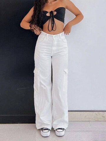 Women's Solid Color Front Button Pocket Elastic Waist Y2K Streetwear Casual Cargo Pants