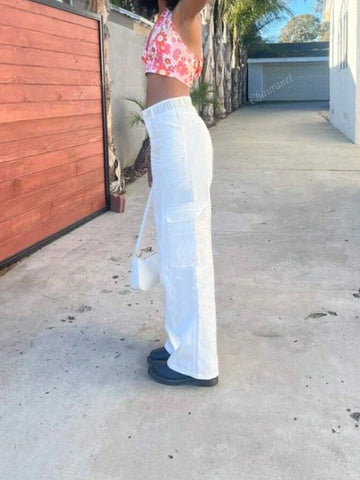 Women's Solid Color Front Button Pocket Elastic Waist Y2K Streetwear Casual Cargo Pants