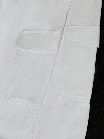 Women's Solid Color Front Button Pocket Elastic Waist Y2K Streetwear Casual Cargo Pants