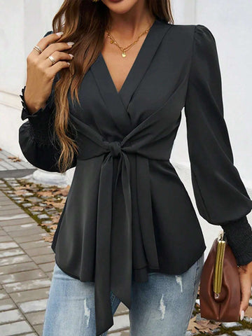 Women's Solid Color Front Tie Long Sleeve Minimalist Blouse, Casual Daily Wear