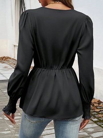 Women's Solid Color Front Tie Long Sleeve Minimalist Blouse, Casual Daily Wear