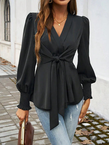 Women's Solid Color Front Tie Long Sleeve Minimalist Blouse, Casual Daily Wear