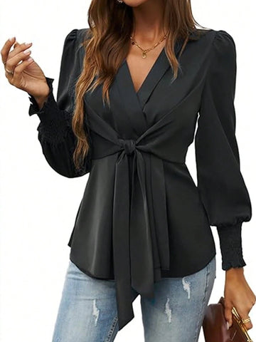 Women's Solid Color Front Tie Long Sleeve Minimalist Blouse, Casual Daily Wear