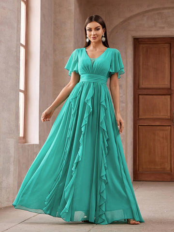Womens Solid Color Gathered Waist Ruffled Long Cocktail Dress