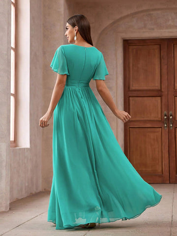 Womens Solid Color Gathered Waist Ruffled Long Cocktail Dress