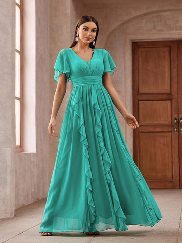 Womens Solid Color Gathered Waist Ruffled Long Cocktail Dress
