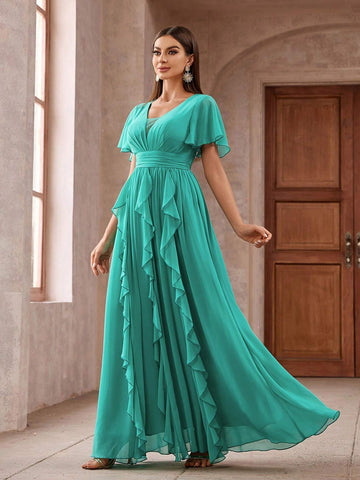 Womens Solid Color Gathered Waist Ruffled Long Cocktail Dress