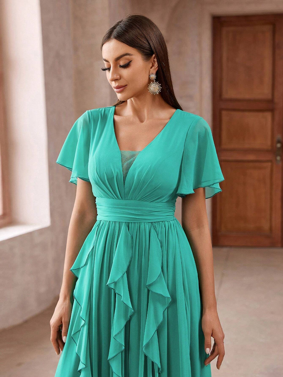 Womens Solid Color Gathered Waist Ruffled Long Cocktail Dress