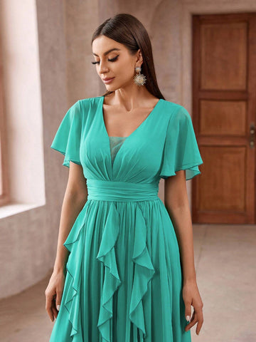 Womens Solid Color Gathered Waist Ruffled Long Cocktail Dress