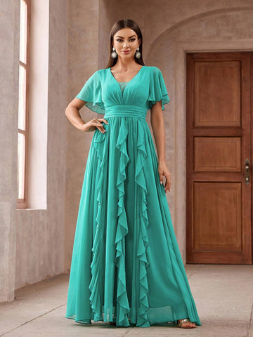 Womens Solid Color Gathered Waist Ruffled Long Cocktail Dress