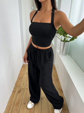 Women's Solid Color Halter Neck Vest And Wide Leg Pants Set
