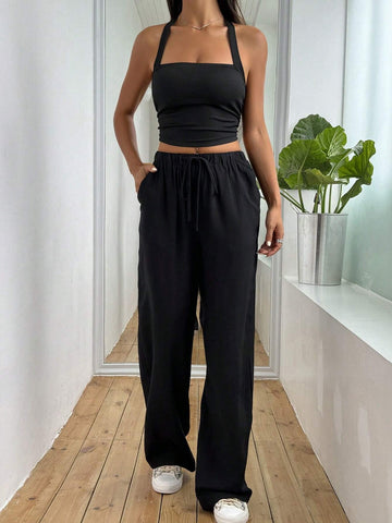 Women's Solid Color Halter Neck Vest And Wide Leg Pants Set
