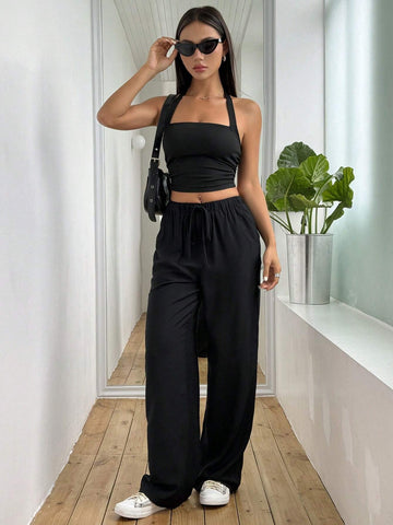 Women's Solid Color Halter Neck Vest And Wide Leg Pants Set
