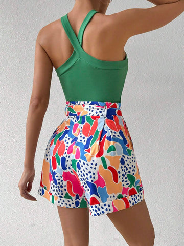 Women's Solid Color Halter Top And Printed Belted Shorts Set