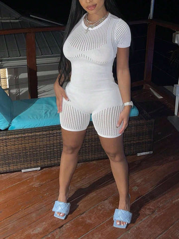 Women's Solid Color Hollow Knitted Bodycon Jumpsuit For Daily Wear