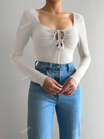Women's Solid Color Hollow Out Lace-Up Front Long Sleeve Cropped Casual T-Shirt, Spring & Summer