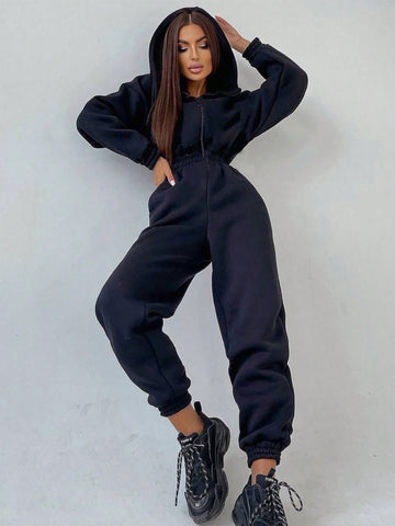Women's Solid Color Hooded Long Sleeve Jumpsuit