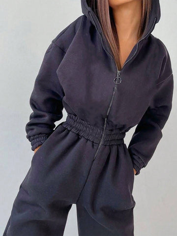 Women's Solid Color Hooded Long Sleeve Jumpsuit