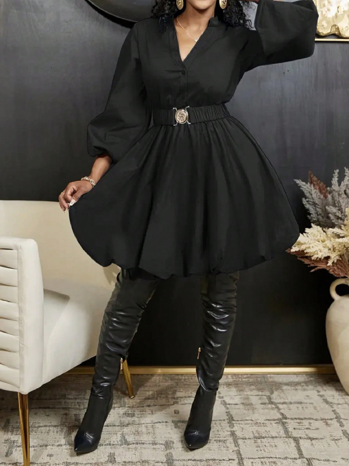 Women's Solid Color Lantern Sleeve Bubble Dress