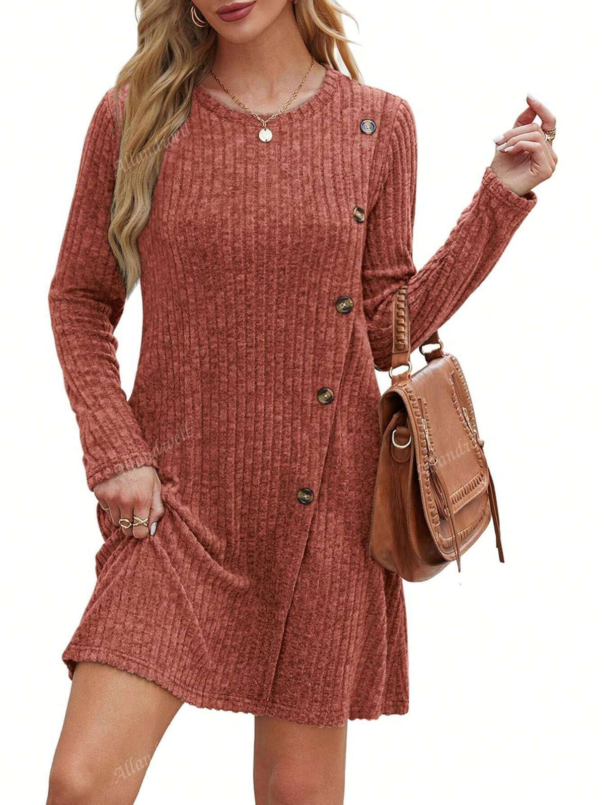 Women's Solid Color Long Sleeve Cinched Waist Sweater Dress With Pockets, Fashionable Skirt For Autumn And Winter
