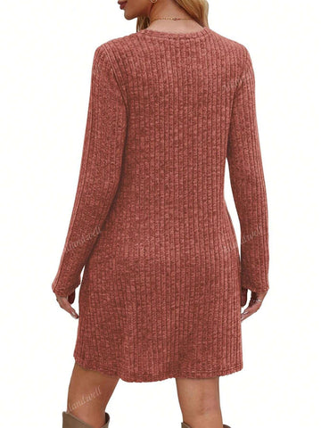 Women's Solid Color Long Sleeve Cinched Waist Sweater Dress With Pockets, Fashionable Skirt For Autumn And Winter