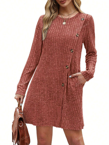 Women's Solid Color Long Sleeve Cinched Waist Sweater Dress With Pockets, Fashionable Skirt For Autumn And Winter