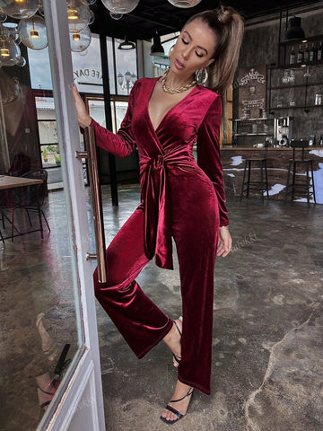 Women's Solid Color Long Sleeve Front Tie Jumpsuit, Casual Everyday Wear