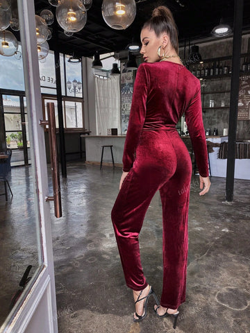 Women's Solid Color Long Sleeve Front Tie Jumpsuit, Casual Everyday Wear