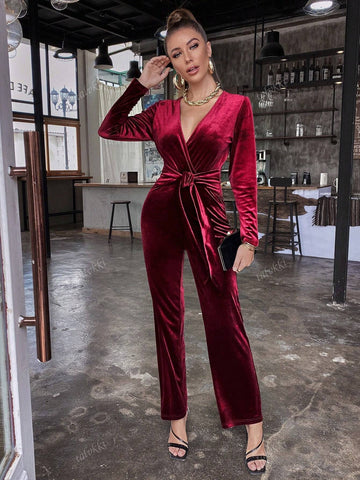 Women's Solid Color Long Sleeve Front Tie Jumpsuit, Casual Everyday Wear