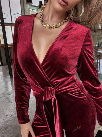 Women's Solid Color Long Sleeve Front Tie Jumpsuit, Casual Everyday Wear