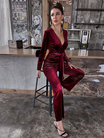 Women's Solid Color Long Sleeve Front Tie Jumpsuit, Casual Everyday Wear