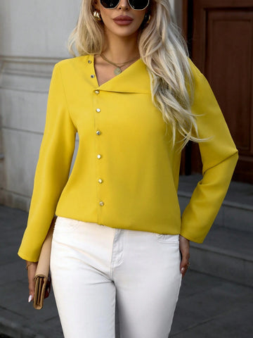 Women's Solid Color Long Sleeve Single-Breasted Casual Loose Blouse, Autumn