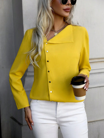 Women's Solid Color Long Sleeve Single-Breasted Casual Loose Blouse, Autumn