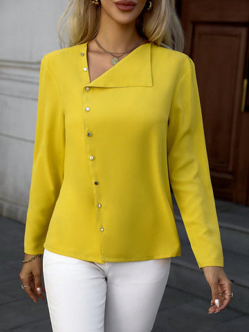 Women's Solid Color Long Sleeve Single-Breasted Casual Loose Blouse, Autumn