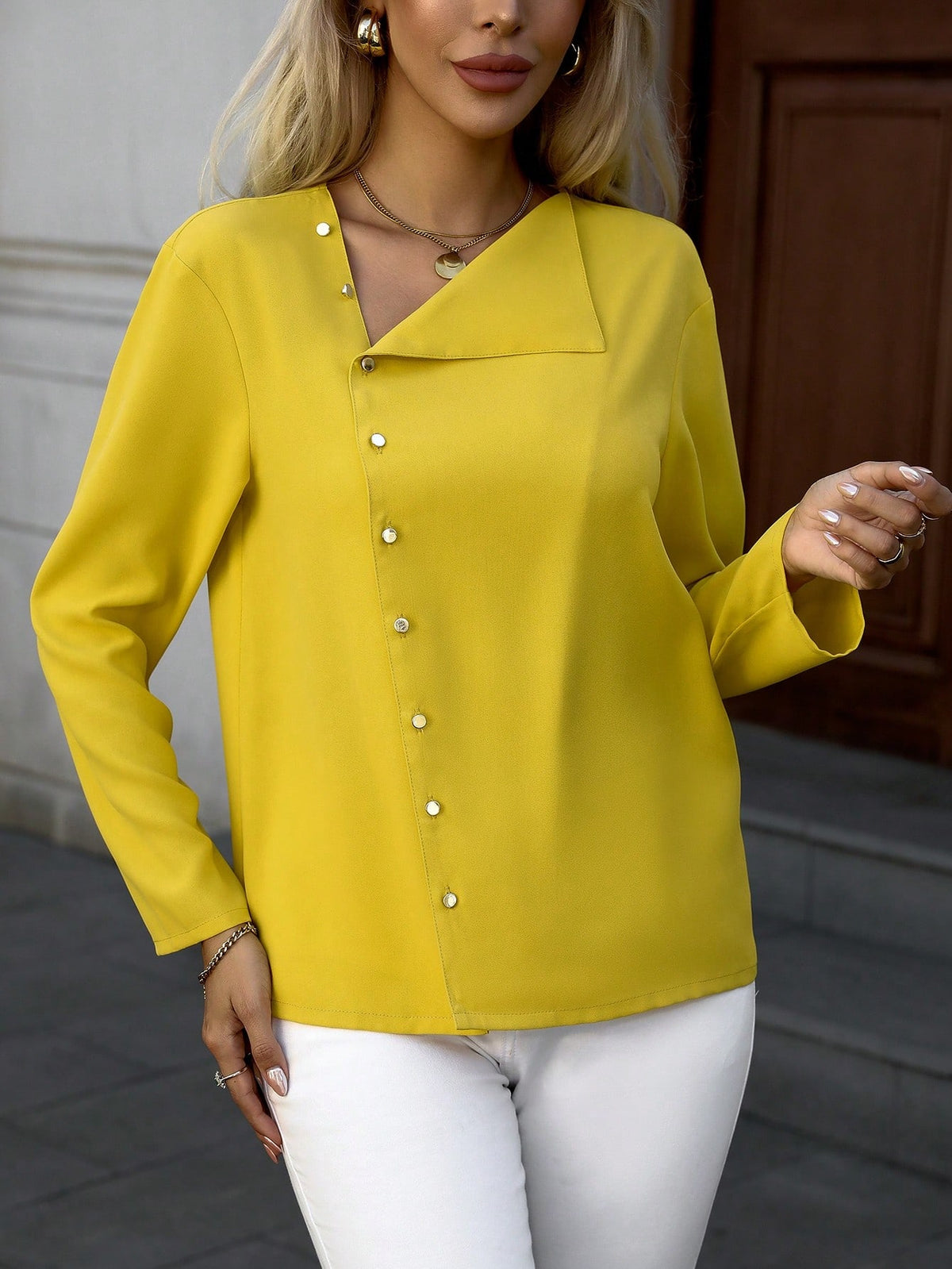 Women's Solid Color Long Sleeve Single-Breasted Casual Loose Blouse, Autumn