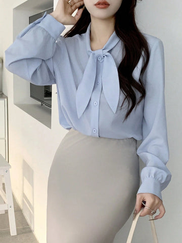 Women's Solid Color Long Sleeve Tie Neck Design Elegant Office Shirt For Autumn