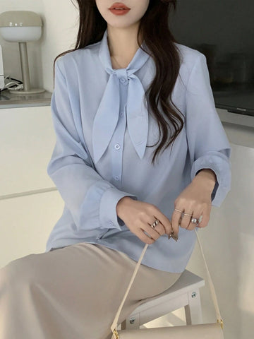 Women's Solid Color Long Sleeve Tie Neck Design Elegant Office Shirt For Autumn