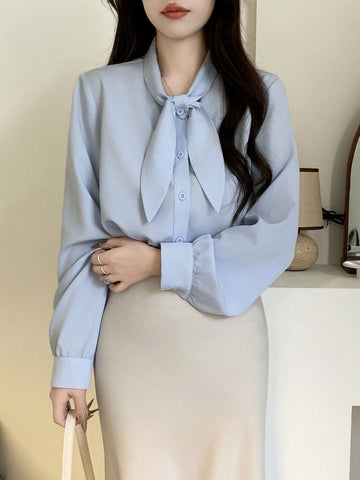 Women's Solid Color Long Sleeve Tie Neck Design Elegant Office Shirt For Autumn